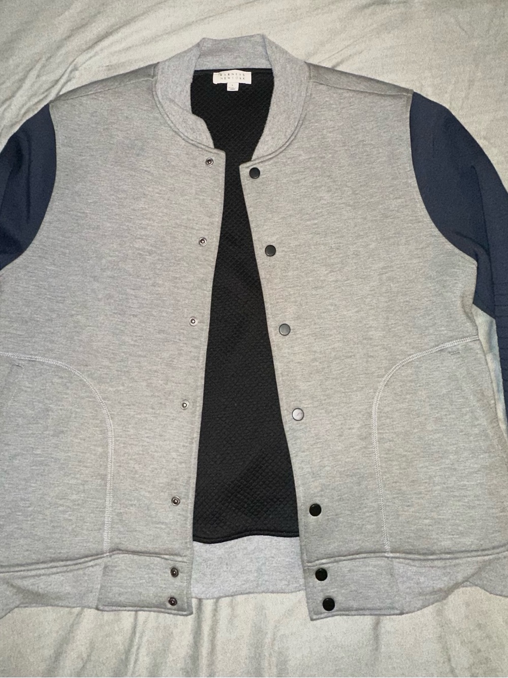 Barneys New York Men’s Large Gray Navy Bomber Varsity Jacket Snap Front